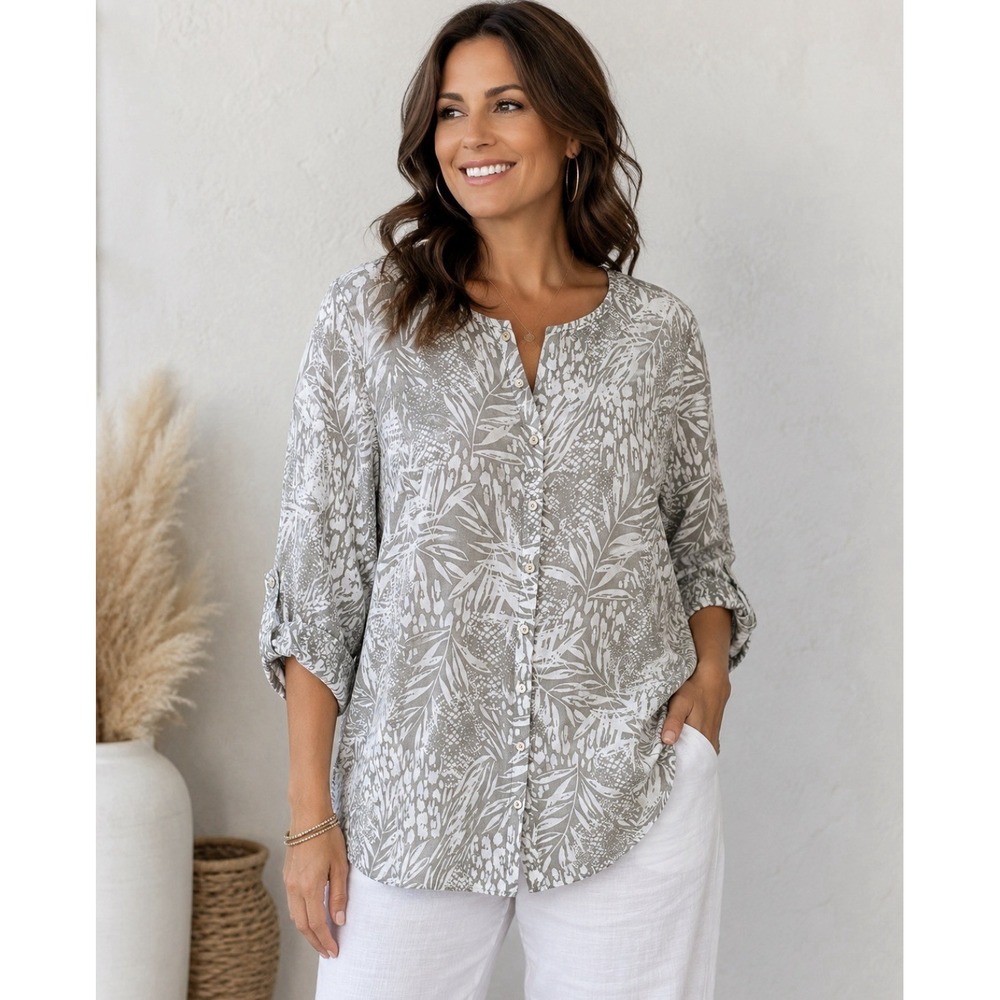 Christian Siriano 100% Linen Top Womens 2X Tropical Leaf Resort wear Beach